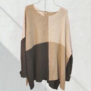 Easel Color Block Knit Sweater | Oversized Tunic Top | Brown Tan | Women's 1X